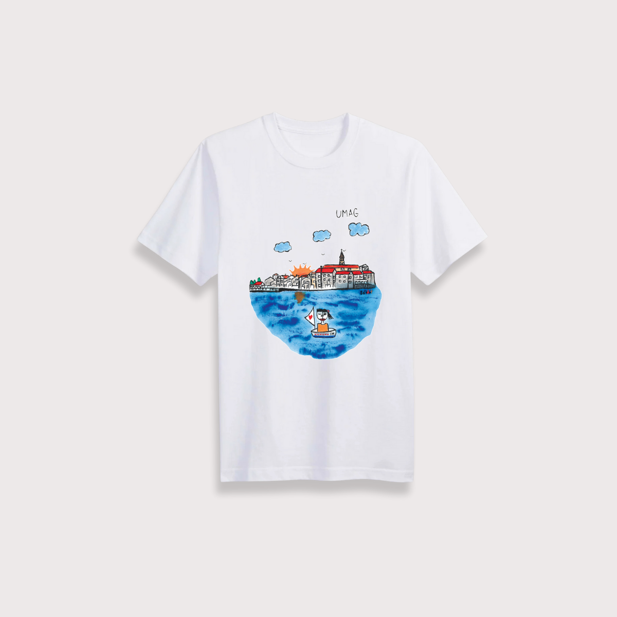Sunset Tee — Combed cotton, hand-drawn Adriatic skyline